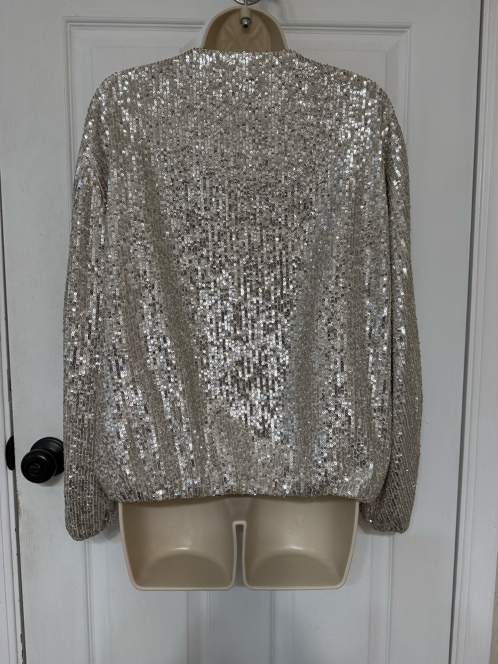 Zara Silver Sequin Bomber Jacket Champagne Zip Front L - Picture 3 of 12